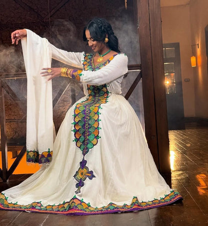 Beautiful Long Sleeve Ethiopian Dress with Colorful Embroidery for Celebrations