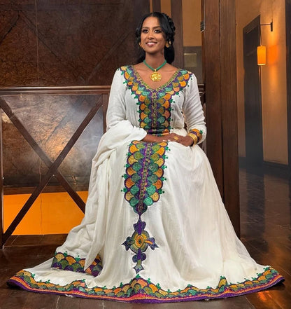Beautiful Long Sleeve Ethiopian Dress with Colorful Embroidery for Celebrations
