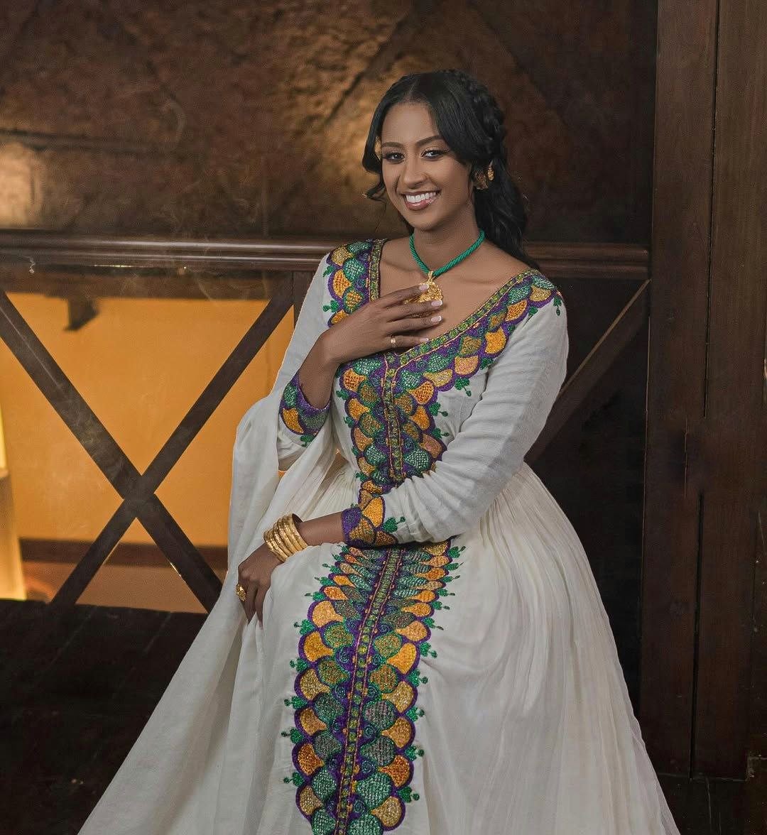 Beautiful Long Sleeve Ethiopian Dress with Colorful Embroidery for Celebrations