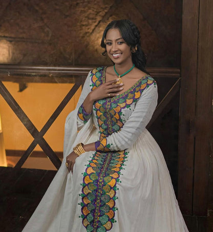 Beautiful Long Sleeve Ethiopian Dress with Colorful Embroidery for Celebrations