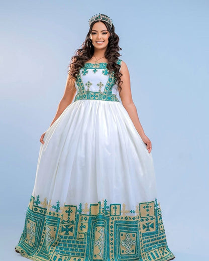 Glamorous Habesha Dress with Emerald and Gold Embroidery for Ethiopian Wedding Ceremonies
