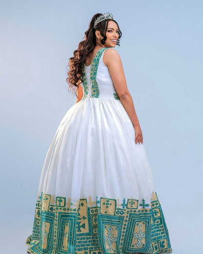 Glamorous Habesha Dress with Emerald and Gold Embroidery for Ethiopian Wedding Ceremonies