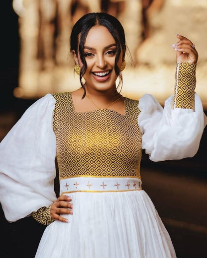 Vibrant Gold Bodice Habesha Dress with Flowing Skirt for an event