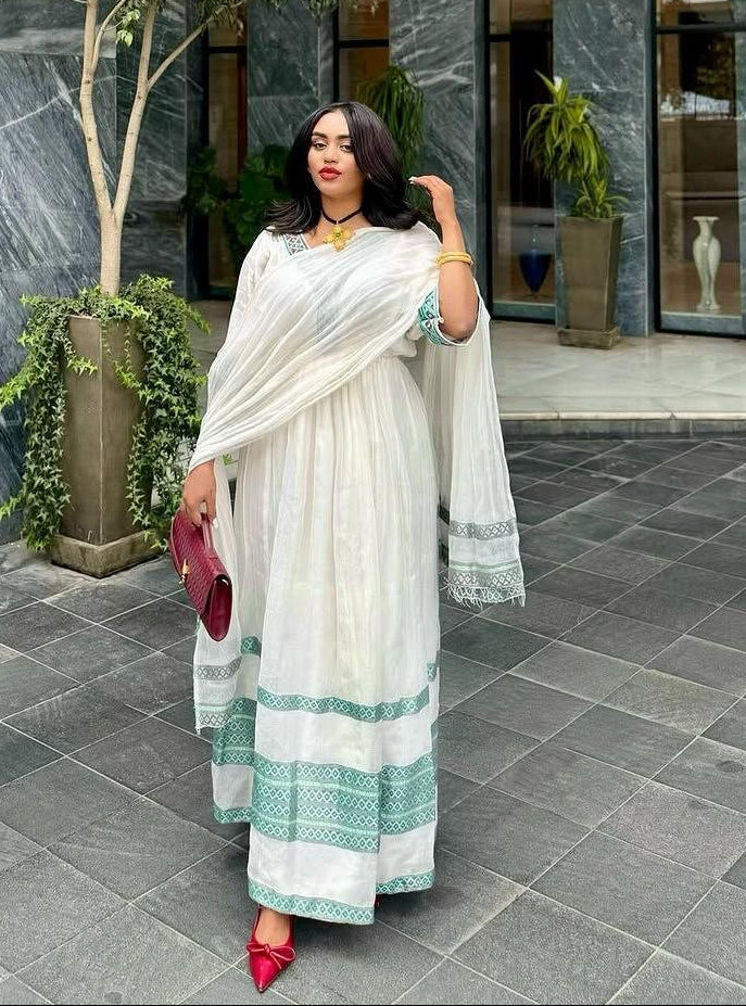 Simple Habesha Kemis with Elegant Teal Tilf Modern Ethiopian Dress for Special Occasions