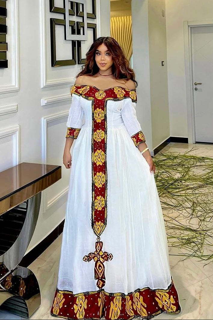  Elegant Off-Shoulder Habesha Dress with Bold Red Tilf Modern Ethiopian Dress for Festive Occasions
