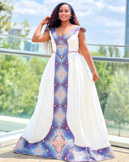 Vibrant Habesha Dress with Unique Blue Cross Design Modern Ethiopian Dress for Events
