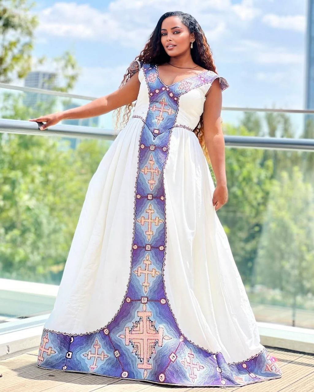 Vibrant Habesha Dress with Unique Blue Cross Design Modern Ethiopian Dress for Events
