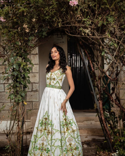 Elegant Sleeveless Green and Gold Habesha Wedding Dress With Modern Ethiopian Style