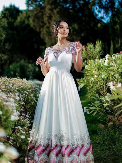 Beautiful Habesha Dress with Colorful Shoulder Design Modern Ethiopian Style for Weddings
