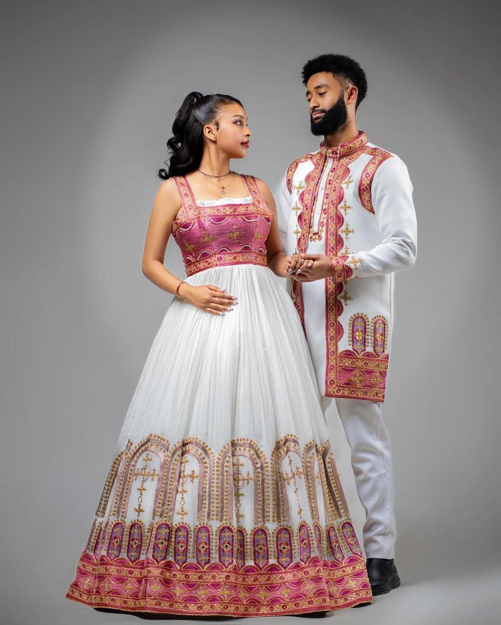 Elegant Habesha Wedding Dress with Red and Gold Embroidery: Traditional Ethiopian Clothing for Couples
