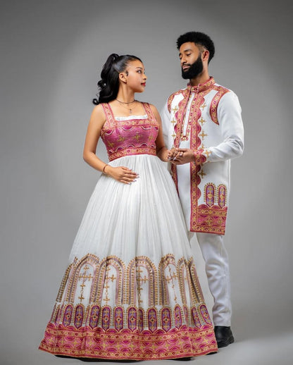 Elegant Habesha Wedding Dress with Red and Gold Embroidery: Traditional Ethiopian Clothing for Couples
