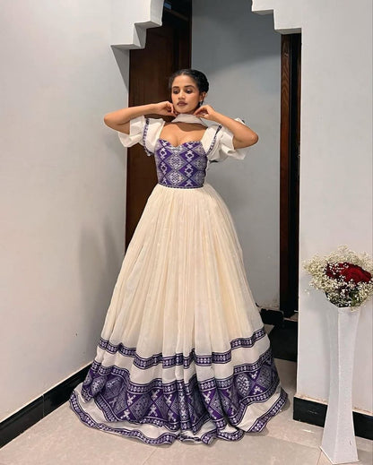Vibrant Modern Habesha Dress with Chic Puff Sleeves: A Stylish Ethiopian Dress For Events