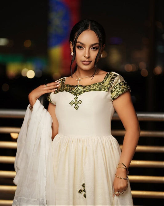Elegant Ivory Habesha Dress with Olive Green and Gold Accents: A Graceful Ethiopian Dress