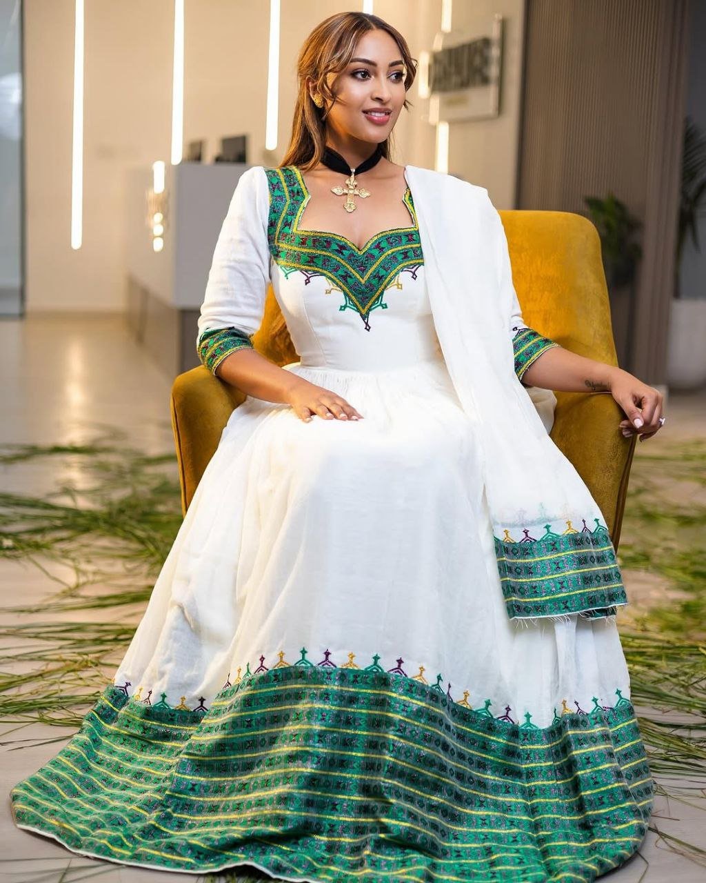 Elegant Traditional Ethiopian Dress with Vibrant Green Embroidery for Special Occasions
