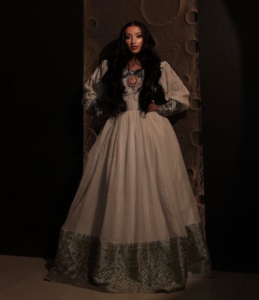 Elegant Traditional Ethiopian Dress with Rich Green Embroidery for Special Occasions
