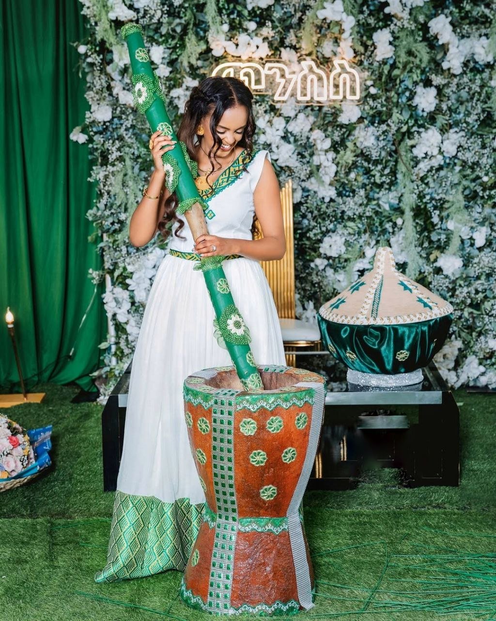 Elegant Habesha Wedding Dress with Stunning Green Embroidery For Celebration
