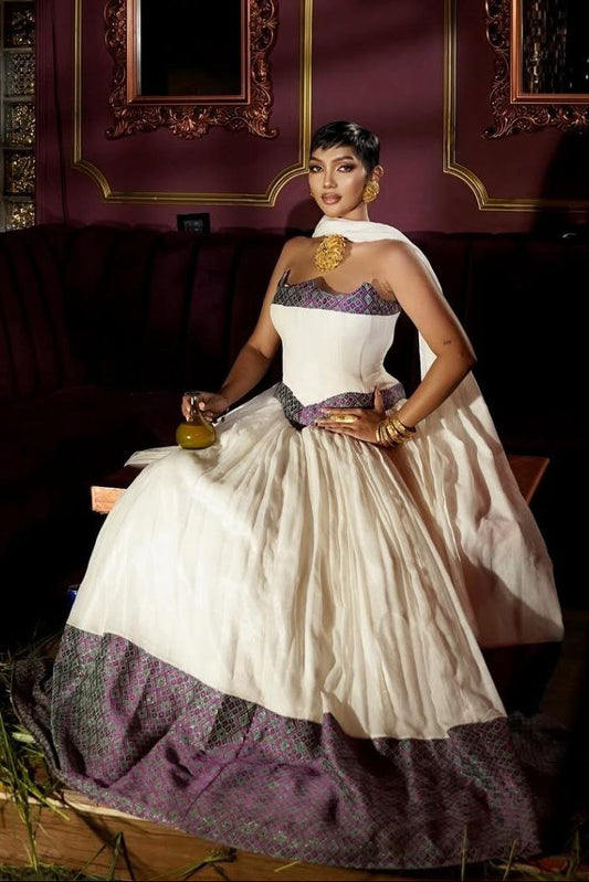 Stunning Habesha Dress with Elegant Purple Accents for Special Occasions