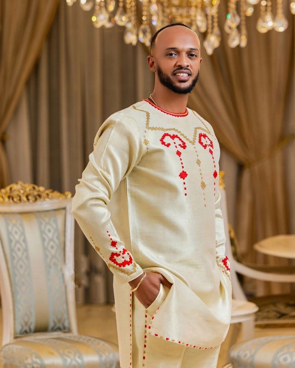 Stylish Habesha Attire for Men with Elegant Red Accents For Special Occasions Includes Shirt and Pants
