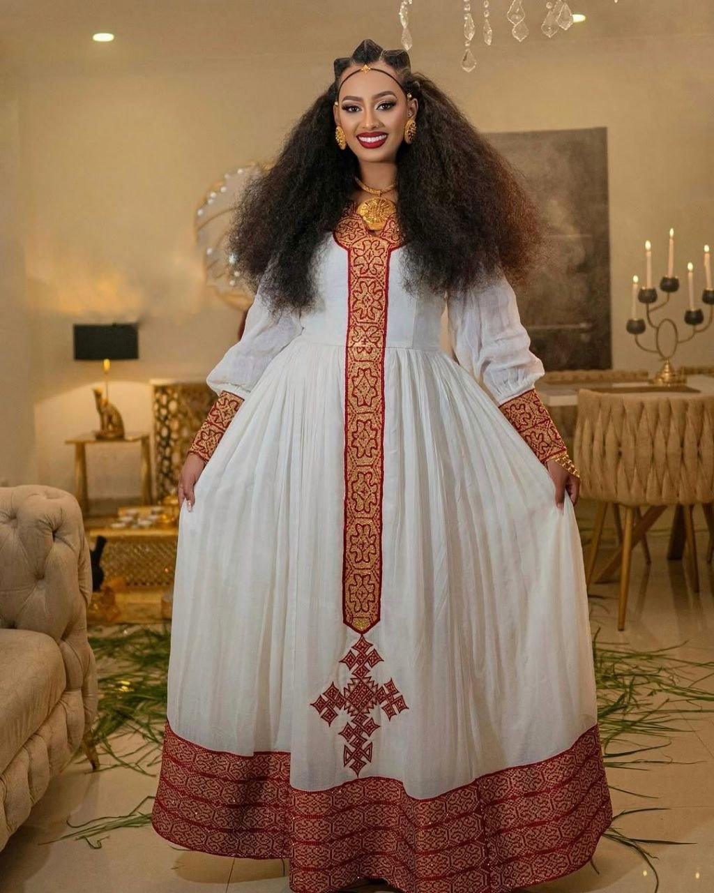 Elegant Habesha Dress with Rich Red Embroidery for Events and Celebrations
