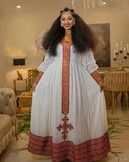Elegant Habesha Dress with Rich Red Embroidery for Events and Celebrations
