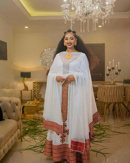 Elegant Habesha Dress with Rich Red Embroidery for Events and Celebrations