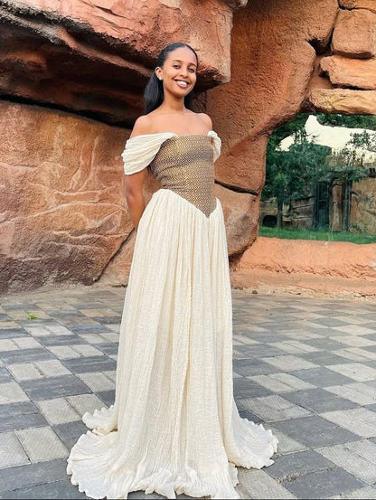 Elegant Habesha Dress with Brown Diamond Bodice for Event and Celebrations