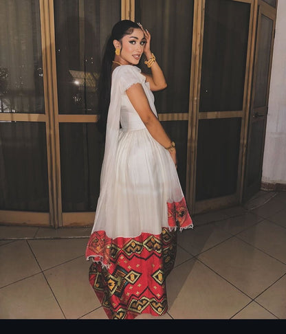 Elegant Habesha Dress with Intricate Waist Embroidery for Striking Cultural Elegance