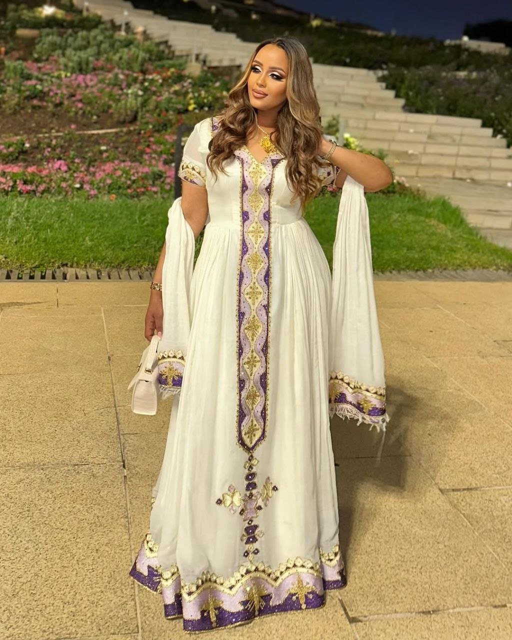 Gorgeous Habesha Kemis with Purple and Gold Embroidery Traditional Ethiopian Dress for Special Celebrations
