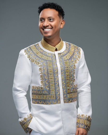 Classic Ethiopian Men’s Outfit with Gold Embroidery a Refined Choice for Cultural Gatherings

