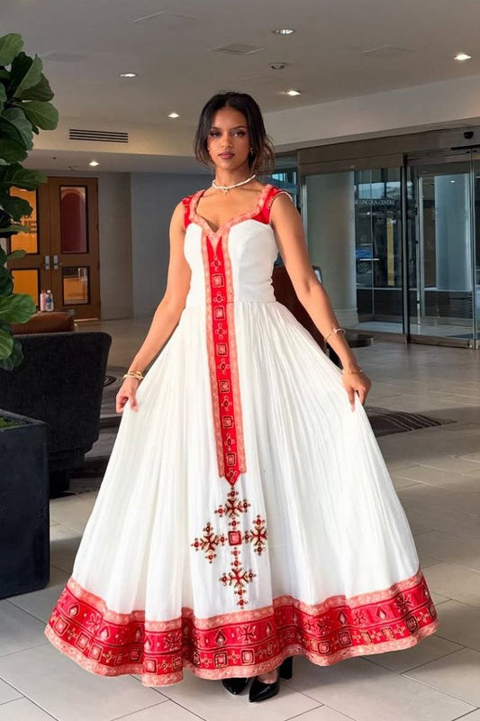 Stunning Habesha Kemis with Intricate Red Embroidery a Perfect Choice for Cultural Celebrations
