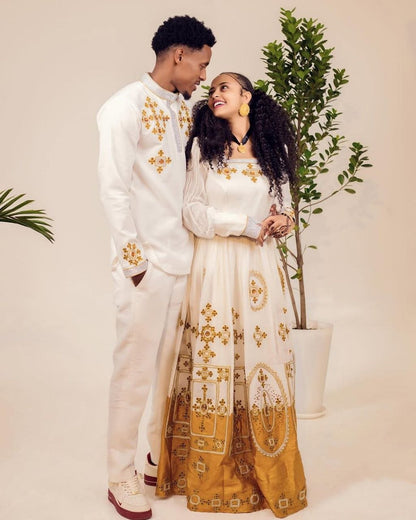 Habesha Wedding Couple’s Attire with Elegant Gold Embroidery a Timeless Choice for Your Day