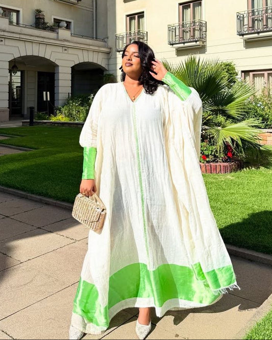 Graceful Habesha Kemis with Elegant Green Embroidery for Celebrations
