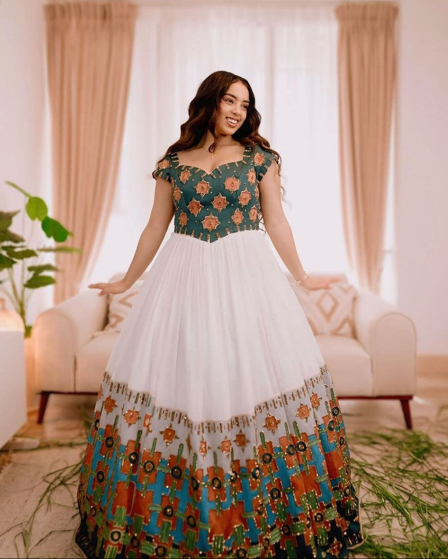 Elegant Habesha Wedding Dress with Green Bodice and Colorful Embroidery Traditional Ethiopian Dress for Your Wedding
