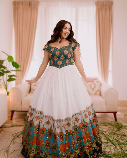Elegant Habesha Wedding Dress with Green Bodice and Colorful Embroidery Traditional Ethiopian Dress for Your Wedding
