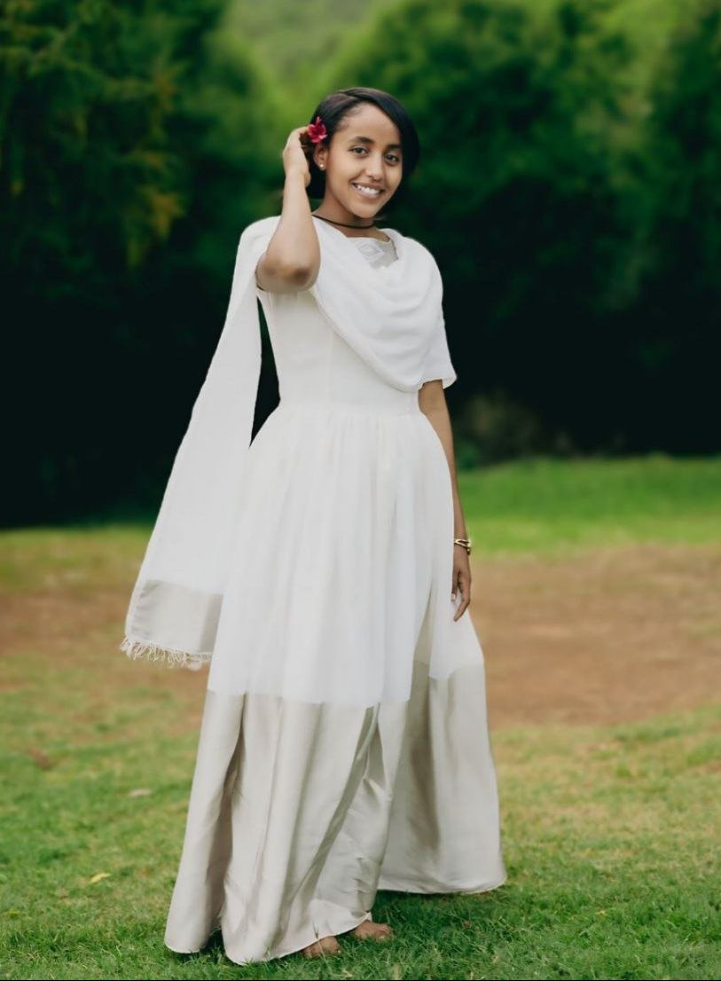 Simple Habesha Dress with Grey Accents – Traditional Ethiopian Dress – Habesha Kemis