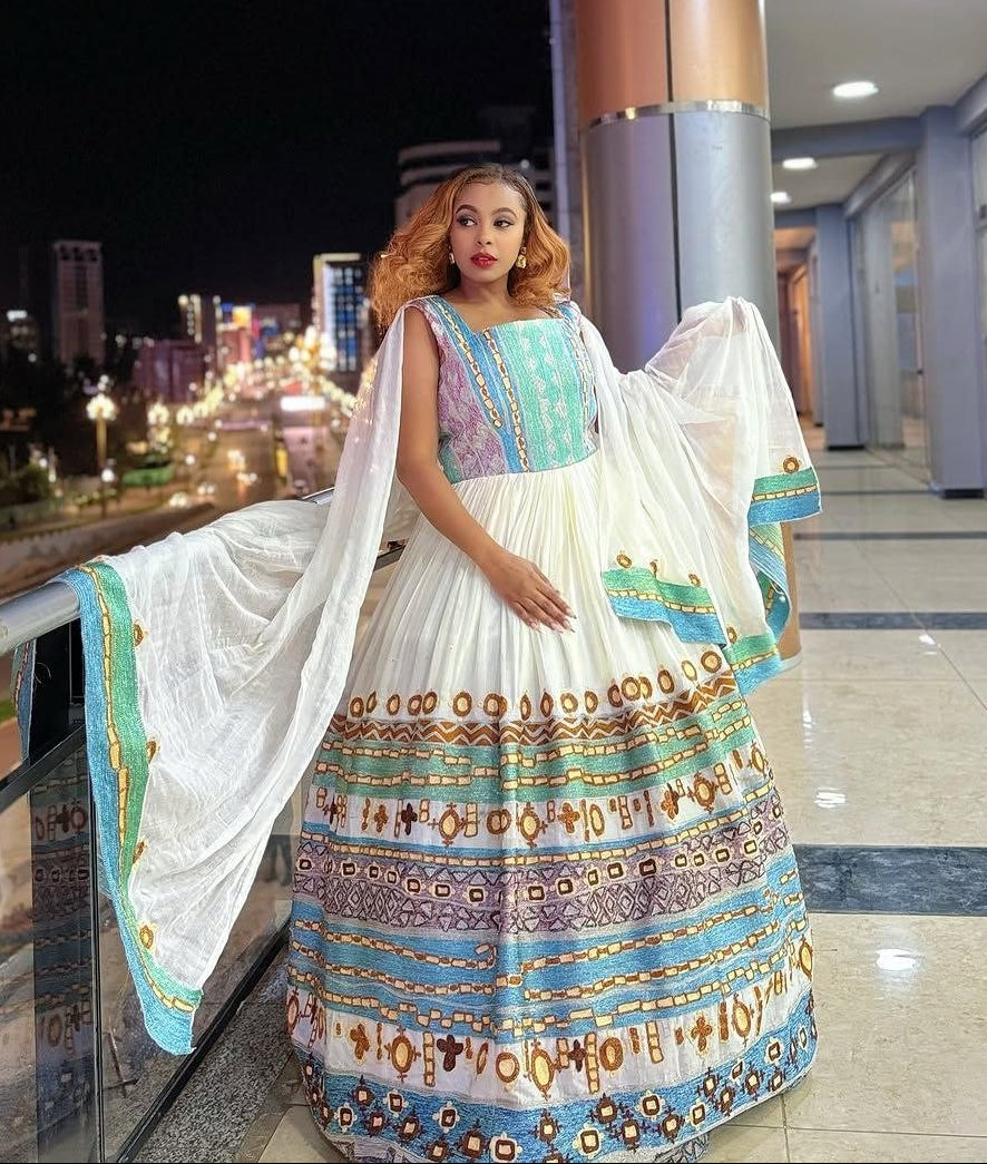 Stunning Habesha Kemis with Vibrant Patterns – Ethiopian Wedding Dress – Habesha Clothing – Ethiopian Dress

