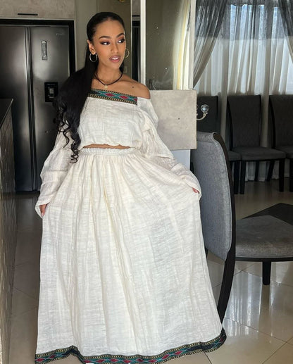 Elegant Off-Shoulder Habesha Kemis – Modern Habesha Dress - Zuria - Ethiopian Traditional Clothing
