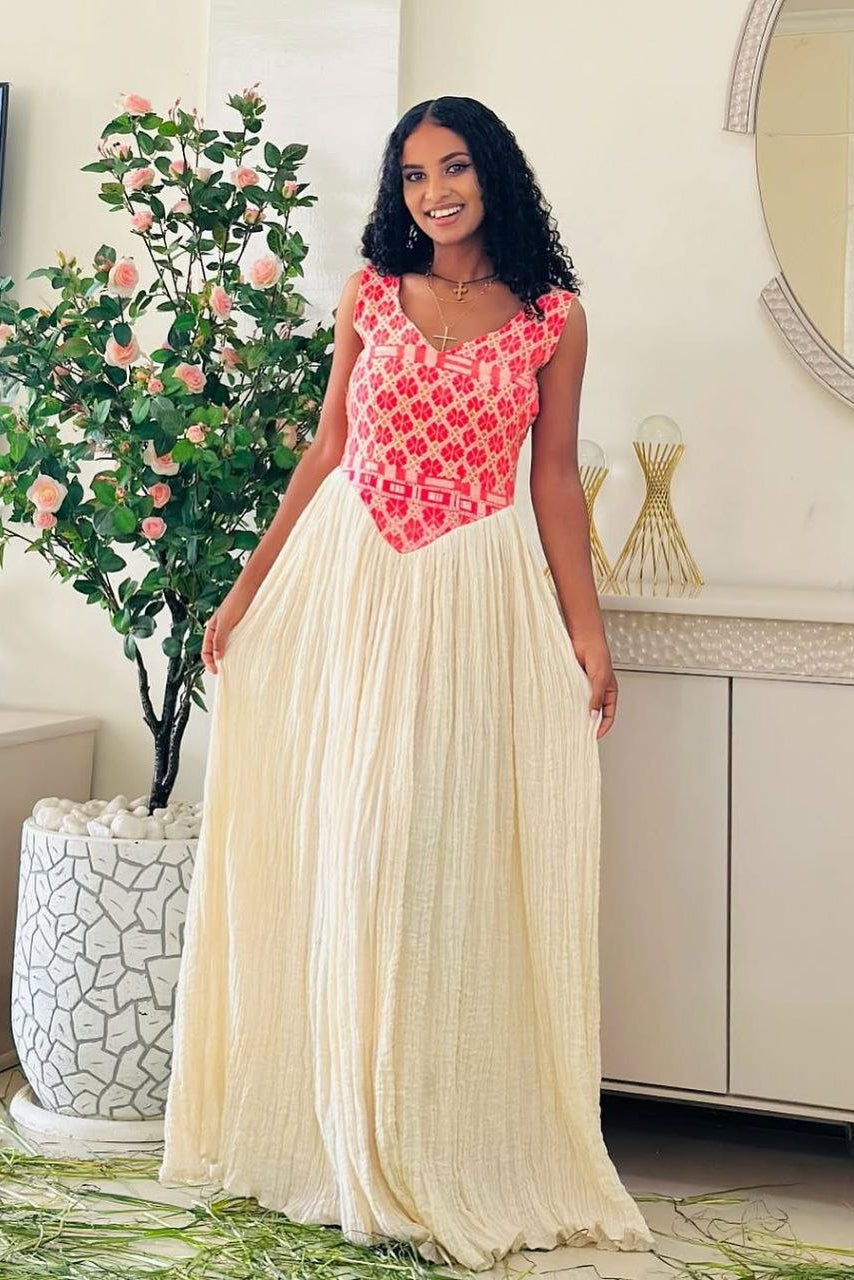 Simple Modern Habesha Kemis with Pink Accents – Ethiopian Traditional Clothing – Habesha Clothing – Ethiopian Dress
