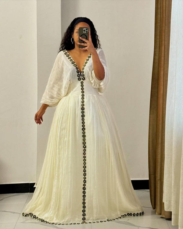 Simple Habesha Kemis with Black Accents – Ethiopian Wedding Dress – Eritrean Clothing – Habesha Clothing
