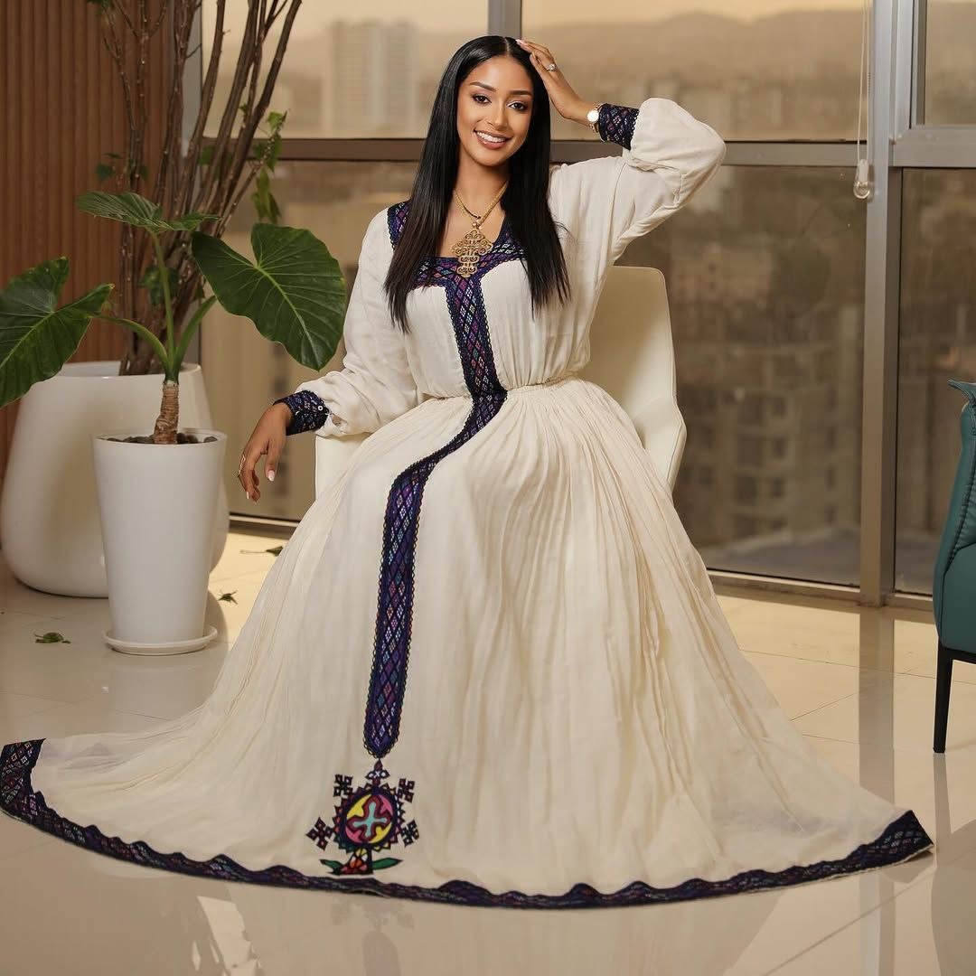 Charming Habesha Dress with Purple Embroidery for an Event - Ethiopian Dress - Habesha Clothing
