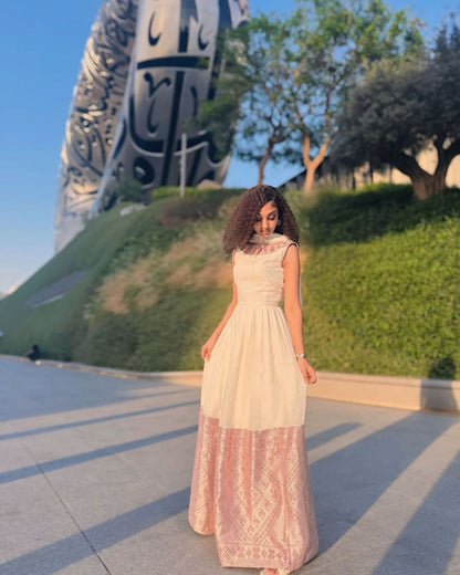 Elegant Habesha Kemis with Pink Detailing for Special Occasion - Traditional Ethiopian Dress - Eritrean Clothing

