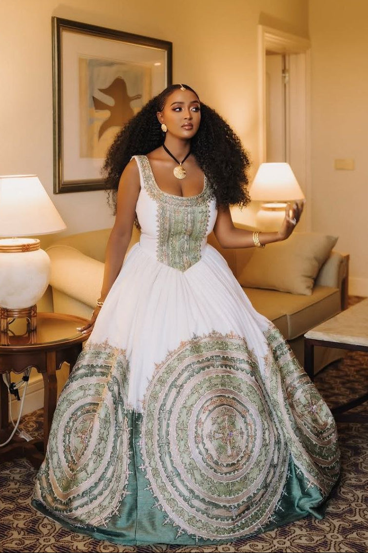 Elegant Habesha Wedding Dress with Intricate Green Embroidery – Habesha Kemis – Eritrean Wedding Dress 
