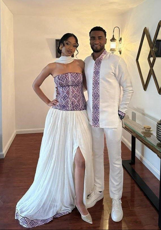 Stylish Couple in Coordinated Habesha Attire - Ethiopian Traditional Clothing - Habesha Wedding Dress - Eritrean Clothing
