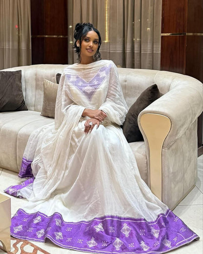 Beautiful Habesha Kemis with Elegant Purple Accents - Habesha Dress - Eritrean Dress