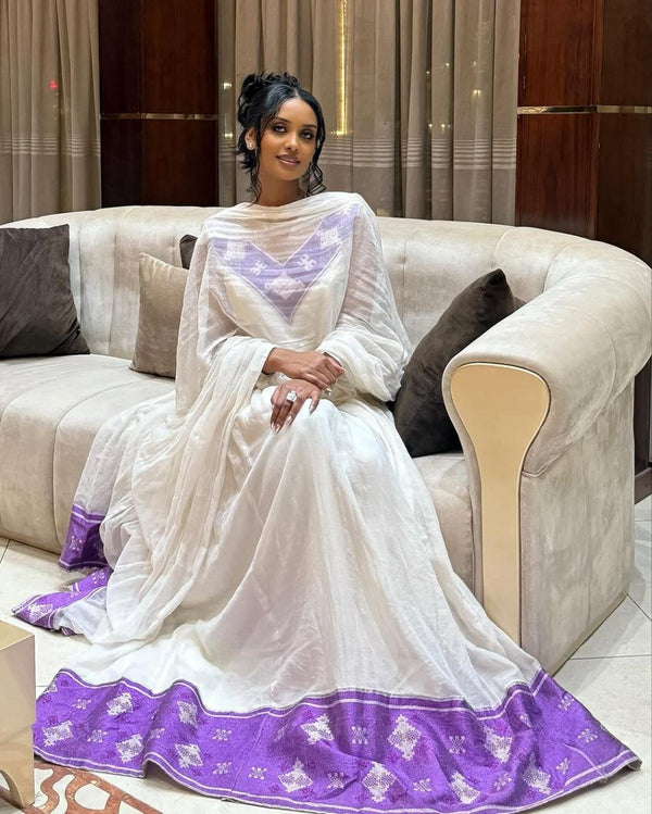 Beautiful Habesha Kemis with Elegant Purple Accents - Habesha Dress - Eritrean Dress