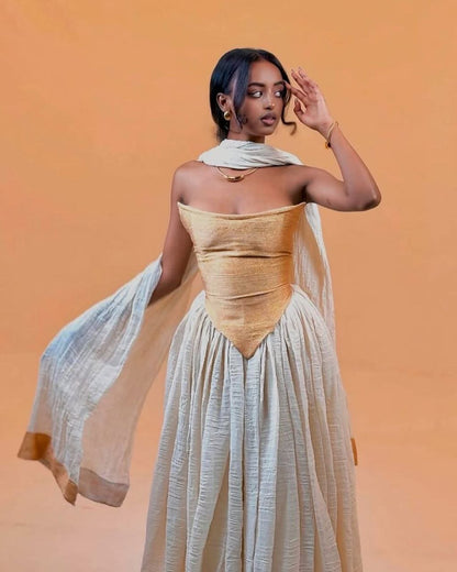 Chic Traditional Habesha Kemis with Gold Bodice - Ethiopian Traditional Clothing - Eritrean Clothing
