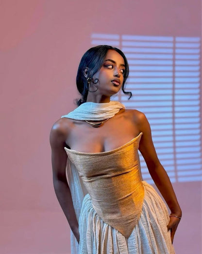 Chic Traditional Habesha Kemis with Gold Bodice - Ethiopian Traditional Clothing - Eritrean Clothing