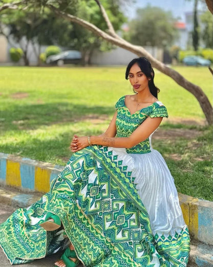 Elegant Habesha Kemis with Green and Turquoise Patterns - Ethiopian Traditional Clothing - Eritrean Dress