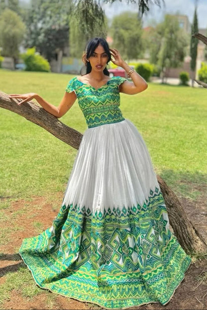 Elegant Habesha Kemis with Green and Turquoise Patterns - Ethiopian Traditional Clothing - Eritrean Dress
