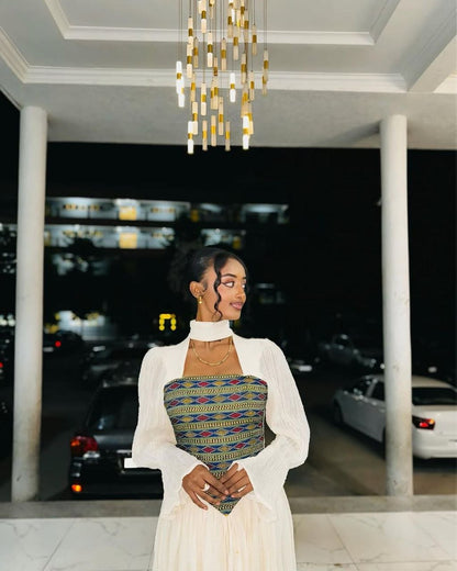 Glamorous Habesha Kemis with Colorful Embroidery – Eritrean Dress – Ethiopian National Dress – Zuriya
